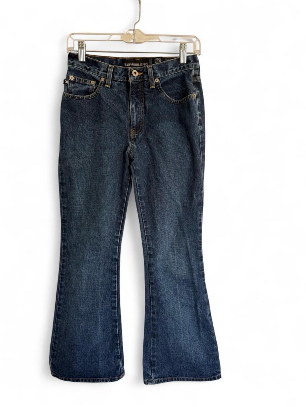 Vtg Express Bleus Extreme Flare Jeans 3/4S Y2K 90s Grunge Dark Stone Wash